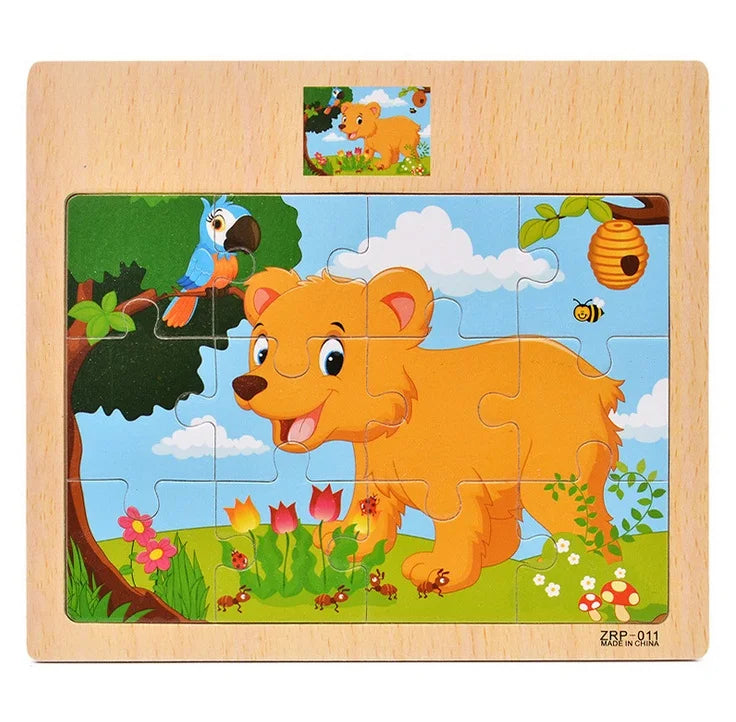 Oferta Caliente 12/9 PIEZAS Puzles de Madera para Niños Bebés, de Dibujos Animados, Vehículos Animales, Juguetes Educativos de Aprendizaje para Niños, Regalo