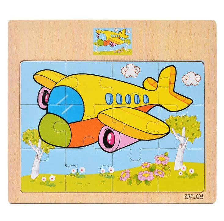 Oferta Caliente 12/9 PIEZAS Puzles de Madera para Niños Bebés, de Dibujos Animados, Vehículos Animales, Juguetes Educativos de Aprendizaje para Niños, Regalo