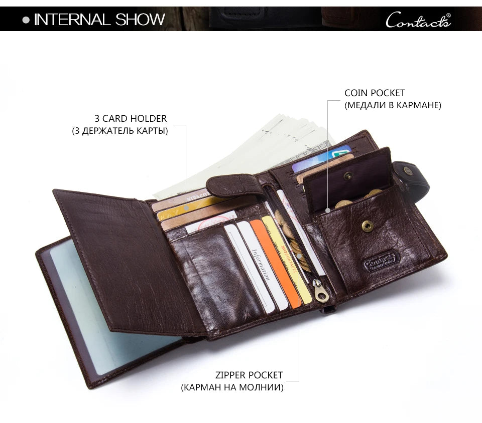 Billetera de cuero de lujo para hombre CONTACT'S, billeteras de cuero genuino para hombre con cierre y tarjetero, alta calidad
