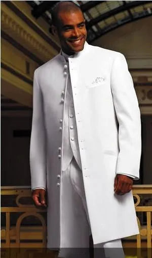 Traje de hombre Abrigo largo Blanco Esmoquin de novio Traje de padrino Blazer Trajes de negocios para hombre Trajes de fiesta (Chaqueta+Pantalones+Chaleco+Corbata) terno masculino