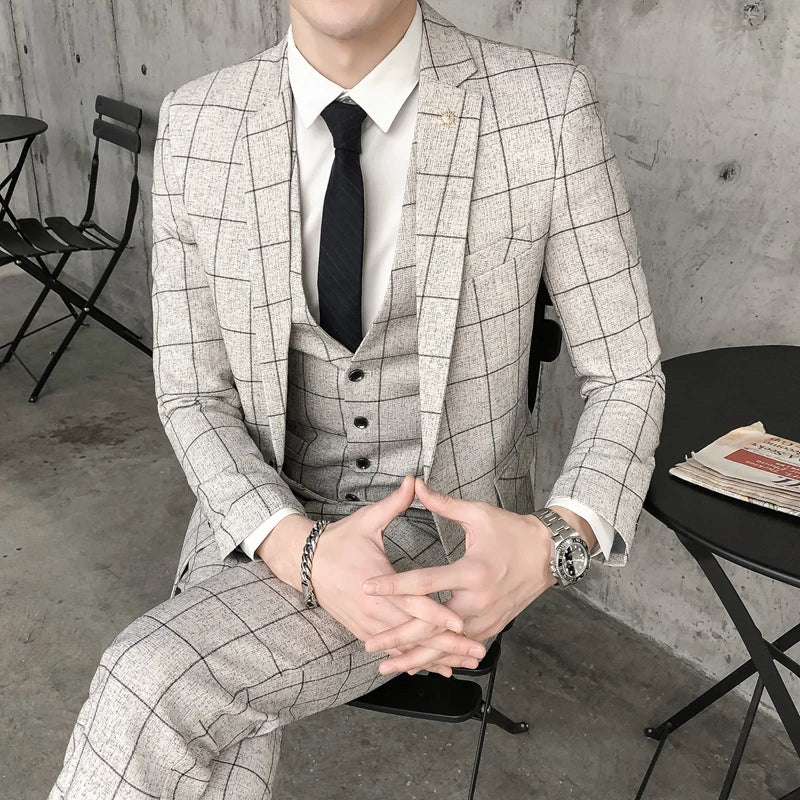 (Chaqueta + Chaleco + Pantalones) Traje de Negocios Formal a Cuadros de Boutique de Moda Masculina Traje de Boda Delgado a Cuadros para Hombre Beige Gris Negro Azul