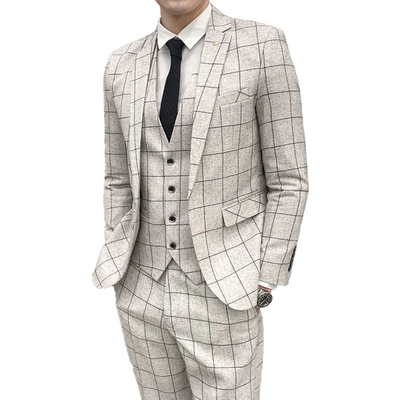 (Chaqueta + Chaleco + Pantalones) Traje de Negocios Formal a Cuadros de Boutique de Moda Masculina Traje de Boda Delgado a Cuadros para Hombre Beige Gris Negro Azul