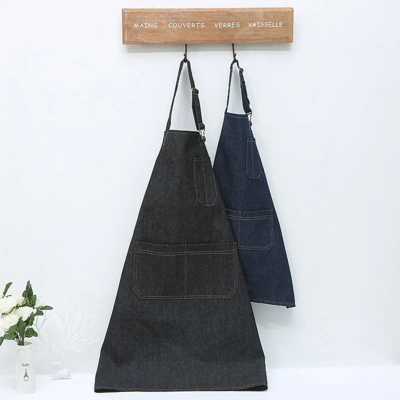 Tablier de cuisine unisexe en denim réglable pour homme et femme avec poche pour chef, cuisine, pâtisserie, nettoyage de la maison