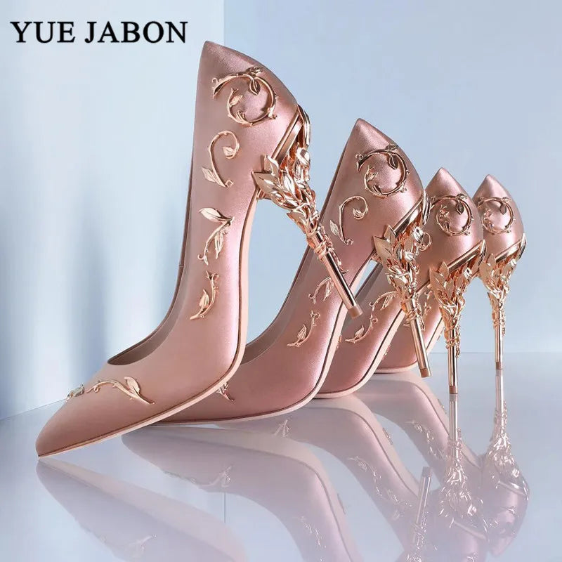 Luxury Leaves Metal Heel Pumps Women Shoes Pointed Toe Blue White Pink Black Silk Stiletto High Heels Wedding Bride Shoes 10cm