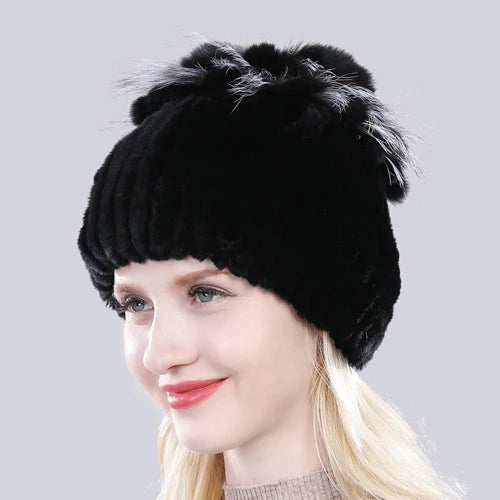Hot Sale Russia Winter Quality Real Fur Hat Natural Warm Rex Rabbit Fur Cap Lady Warm Knitted 100% Genuine Rex Rabbit Fur Hats