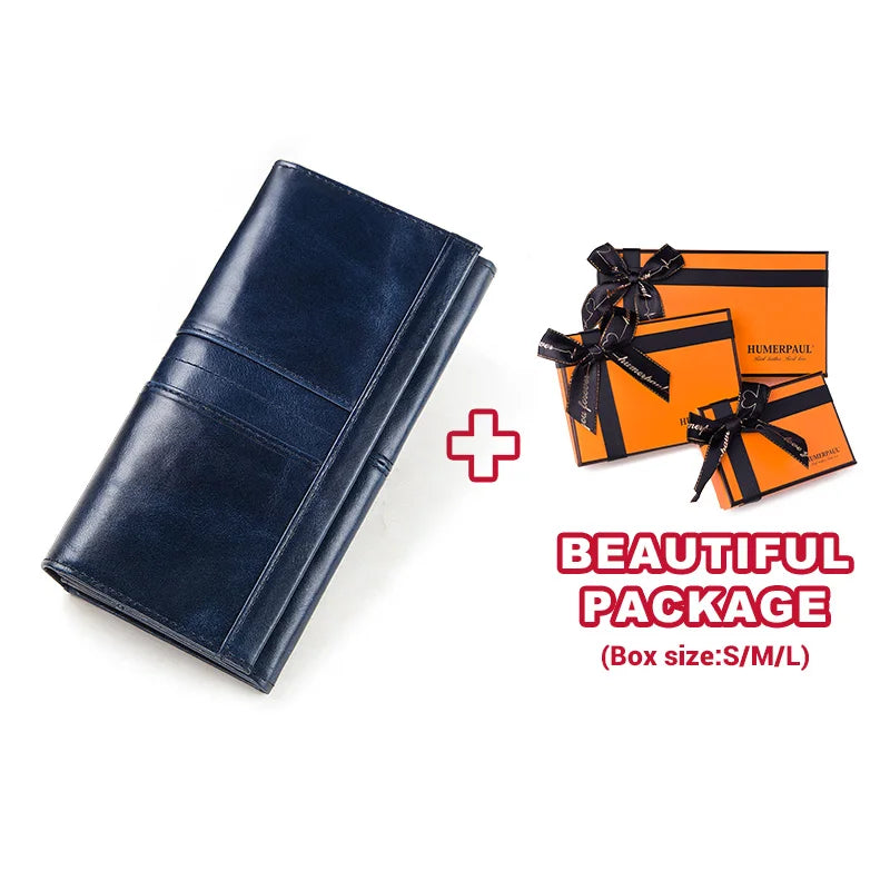 KAVIS Cartera de cuero genuino de marca de lujo para mujer, embrague largo con bolsa para teléfono celular, RFID, moda, rojo, tarjetero, bolso