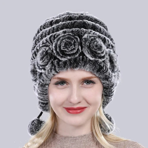 Hot Sale Winter Women Flowers Striped Natural Real Rex Rabbit Fur Hats Lady Warm Knit Genuine Fur Caps Russian Outdoor Fur Hats