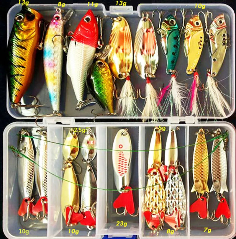 Juego de kits de señuelos de pesca, señuelos artificiales duros, plantillas de metal, cucharas, señuelos blandos, cebo de pesca de silicona, accesorios de aparejos de pesca, Pesca