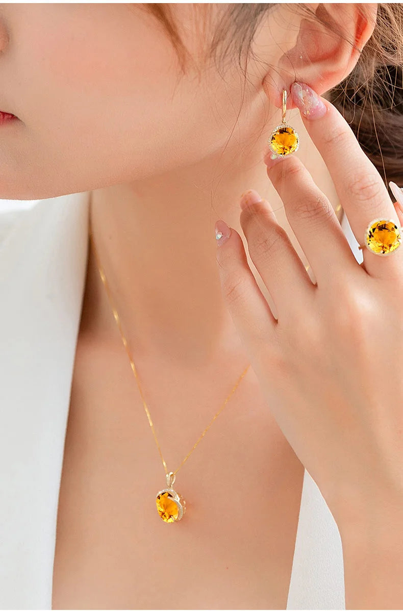 JoiasHome Conjuntos de joyas con dijes para mujer, moda, anillo de cristal amarillo, pendientes, collar, fiesta femenina, joyería de plata 925 al por mayor