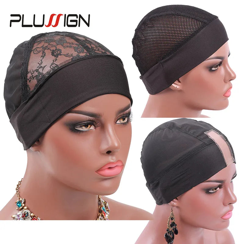 Plussign Gorro de peluca con orificio grande para diadema, para trenzas de ganchillo, para hacer pelucas, ventilación, gorro de peluca de ganchillo con diadema antideslizante