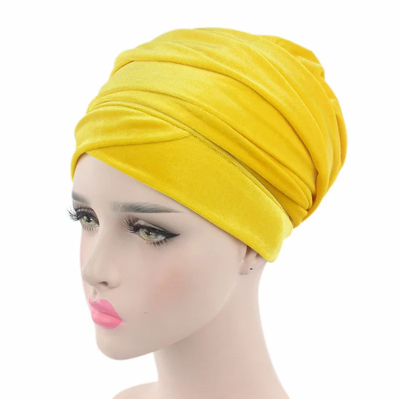 Solid Color Velvet Hijab Turban Caps for Women Muslim Head Scarf Hat Long Tail African Wraps Cap Islamic Under Scarf Bonnet