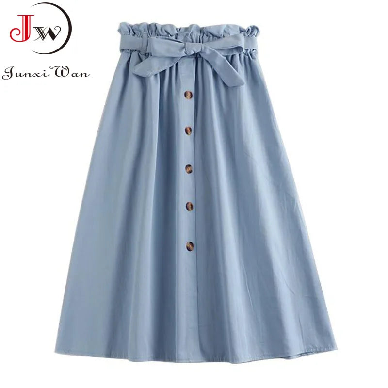 Jupe mi-longue d'été pour femmes, élégante, couleur unie, taille haute, décontractée, simple boutonnage, ceinture, pour le bureau, en coton