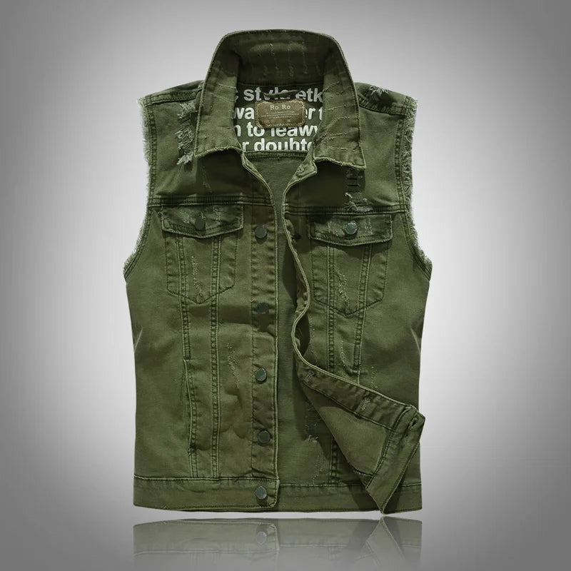 New vests Slim Fit Cowboy Male Jacket Vest Ripped Denim Vest Men's Jacket Sleeveless Casual Waistcoat Mens Jean Coat Green