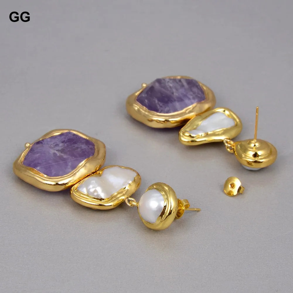 GuaiGuai Jewelry Perla Biwa Blanca Natural de Agua Dulce Pepita Verde Ametistas Chapado en Oro Colgante Collar Pulsera Pendientes Conjuntos