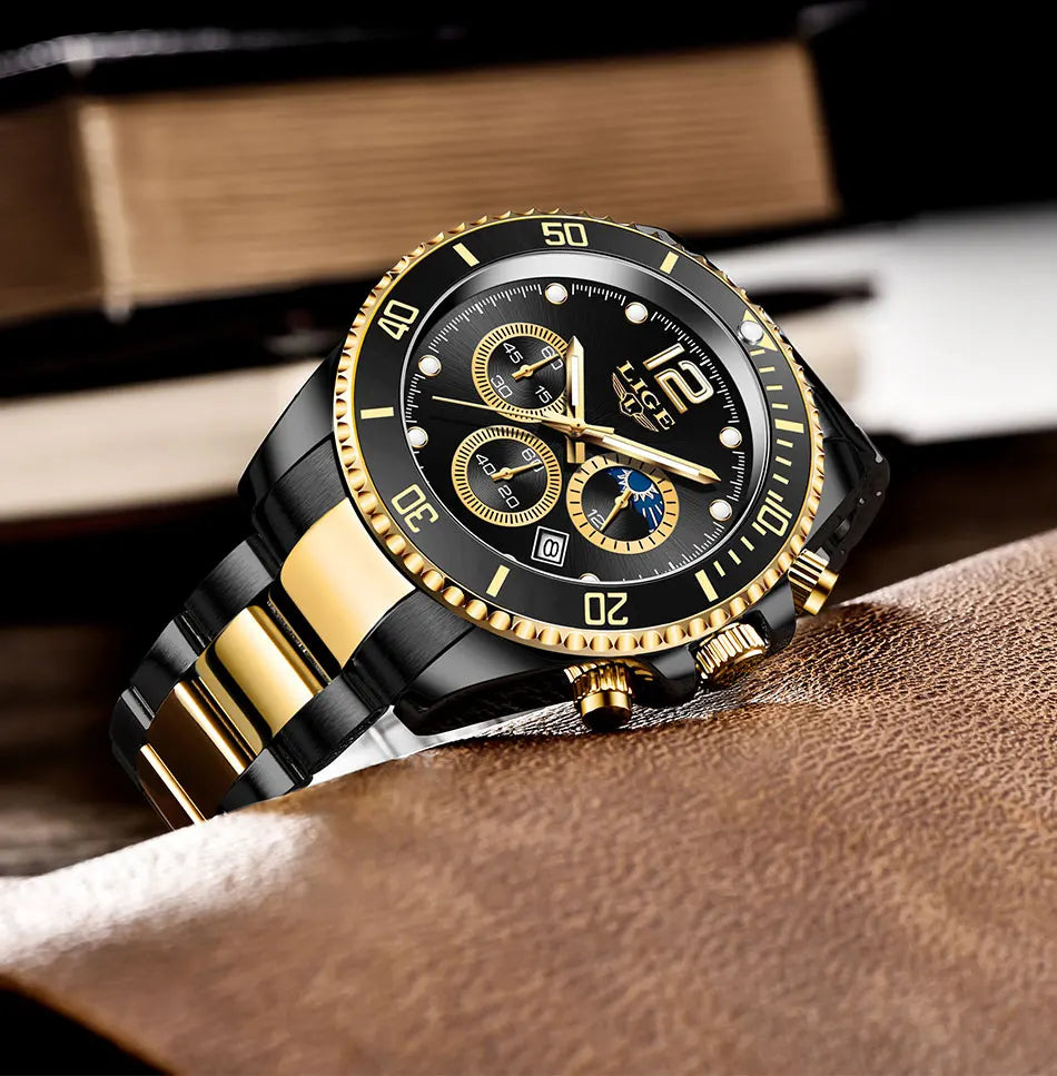 Reloj de hombre LIGE de marca superior, reloj de lujo para hombre, deportivo, resistente al agua, cronógrafo de acero inoxidable, reloj de pulsera de cuarzo, Relogio Masculino+Caja