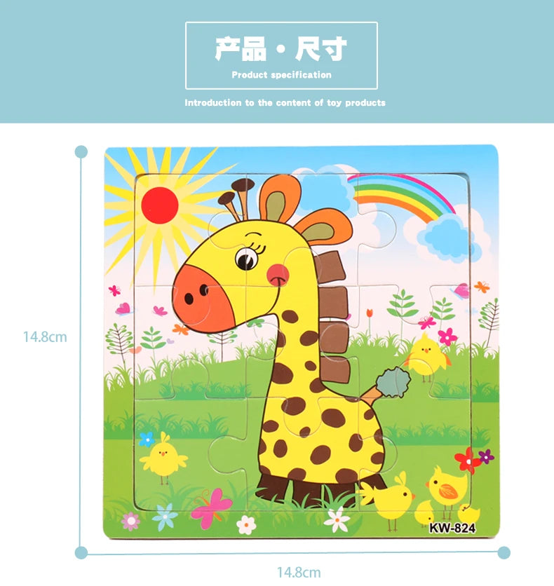 Oferta Caliente 12/9 PIEZAS Puzles de Madera para Niños Bebés, de Dibujos Animados, Vehículos Animales, Juguetes Educativos de Aprendizaje para Niños, Regalo