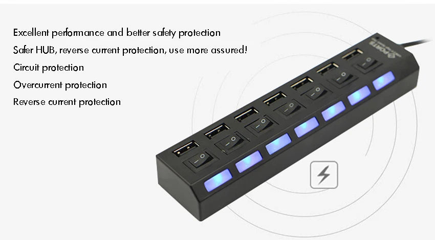 Concentrador USB 2.0 Splitter, Hub de datos USB de 7 puertos con interruptores individuales de encendido/apagado y luces para computadora portátil, PC, computadora, negro, blanco