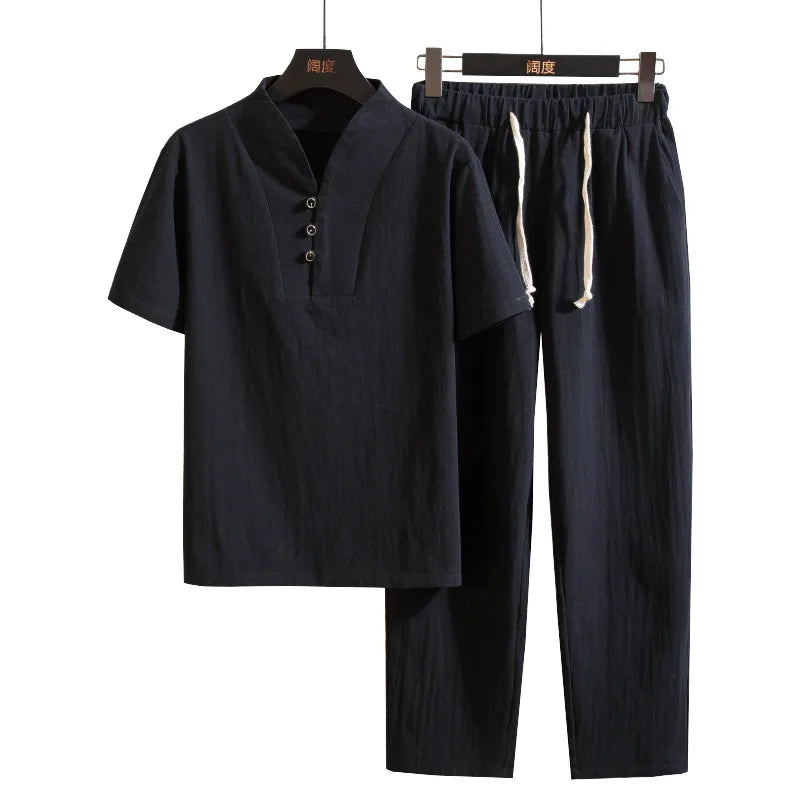 (Camisa + pantalón) camisa de verano para hombre, camisas de algodón y lino para hombre, camisas casuales de manga corta para hombre, un conjunto de ropa M-5XL