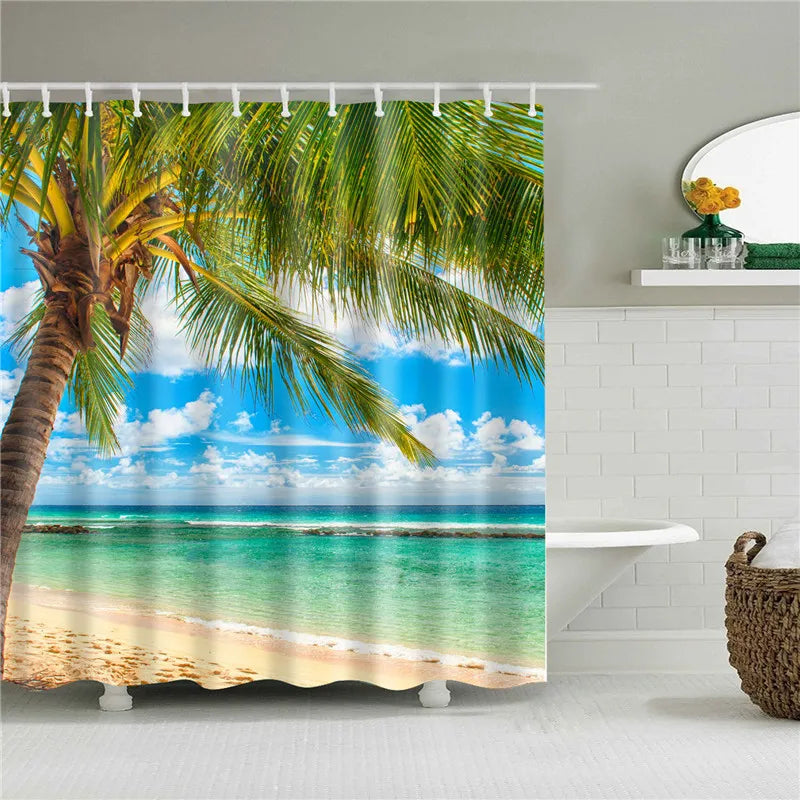 Cortinas de ducha lavables, diseño de playa, 120x180, paisaje digital 3D, estampado, impermeable, para baño, tela de poliéster