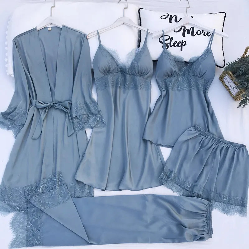 Pijama de cinco piezas para mujer, ropa de dormir para primavera y verano, camisón, bata de baño sexy de encaje, bata de satén de seda suelta para el hogar, ropa de estar en casa