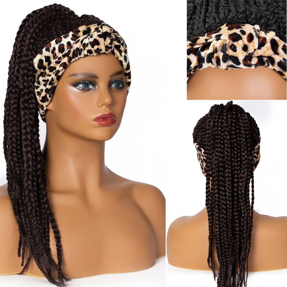 SQRDGQ Syntetiske Hårbåndsparykker Damer Lange Flettede Box Braids Parykker for Svarte Kvinner Flette Afrikansk Naturlig Svart Brun Parykk Damer