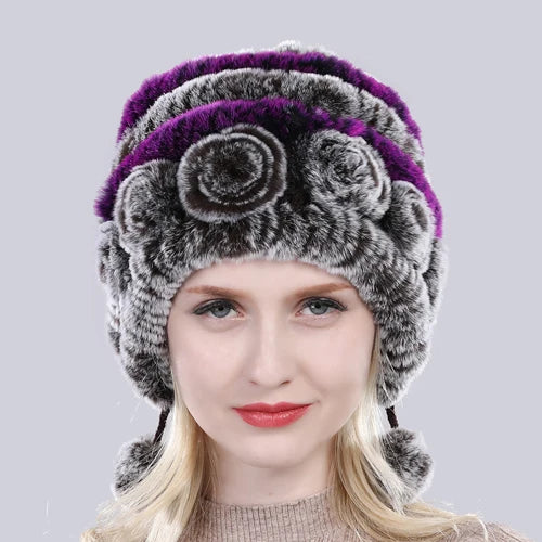 Hot Sale Winter Women Flowers Striped Natural Real Rex Rabbit Fur Hats Lady Warm Knit Genuine Fur Caps Russian Outdoor Fur Hats