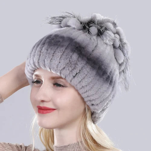 Hot Sale Russia Winter Quality Real Fur Hat Natural Warm Rex Rabbit Fur Cap Lady Warm Knitted 100% Genuine Rex Rabbit Fur Hats