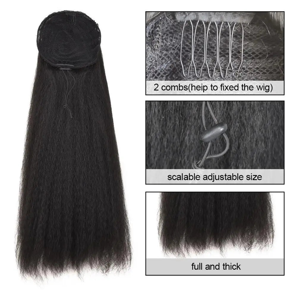 Synthetic Afro Ponytail Extension Long Yaki Curly Puff Kinky Wavy Soft Heat Resistant Black Hair for Women Daily Use