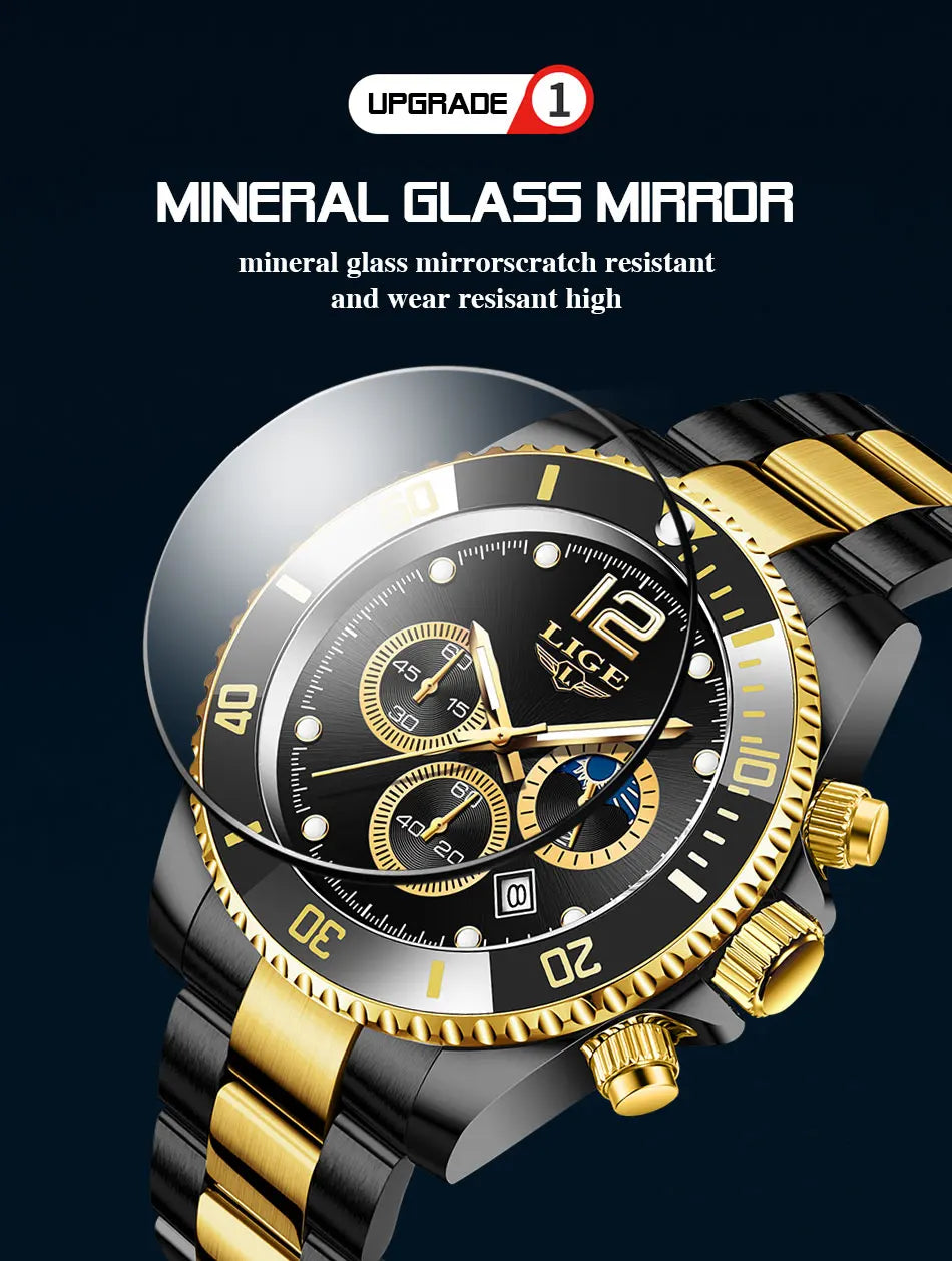 Reloj de hombre LIGE de marca superior, reloj de lujo para hombre, deportivo, resistente al agua, cronógrafo de acero inoxidable, reloj de pulsera de cuarzo, Relogio Masculino+Caja