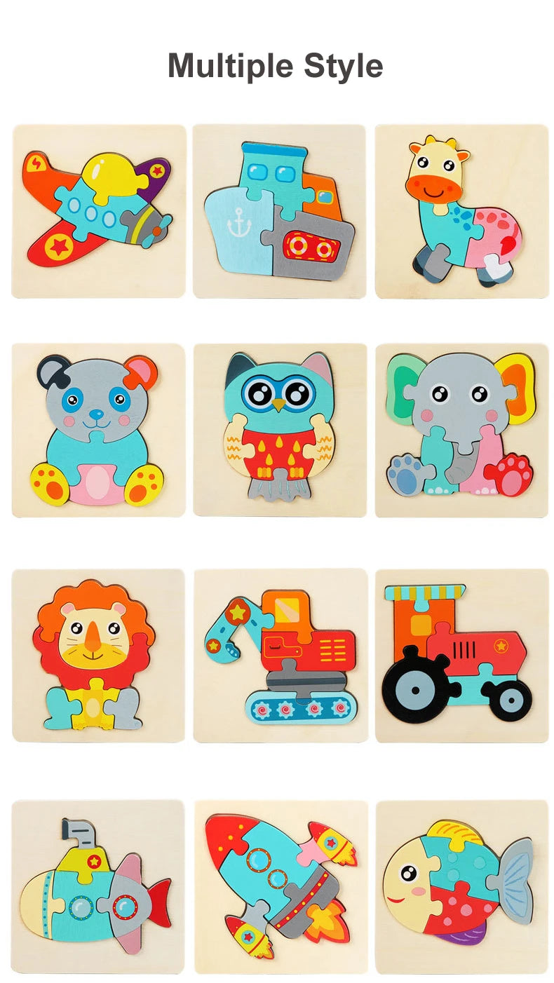 Juguetes de madera para niños, puzle 3D de madera, puzle de animales de dibujos animados, puzle cognitivo, juguetes educativos de aprendizaje temprano para regalo de niños