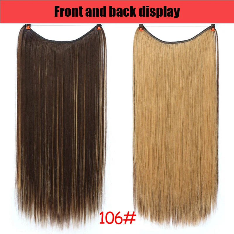 LUPU Extensiones de pelo sintético largo ondulado de 24 pulgadas, línea de pesca invisible, sin clips secretos, piezas de pelo, fibra resistente al calor
