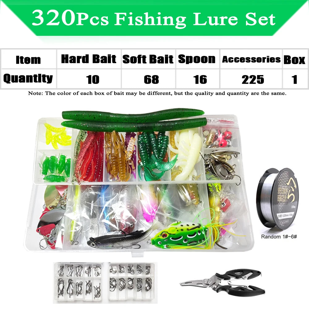 Kit de señuelos de pesca, juego de cebos blandos y duros, capa de engranajes Minnow, plantilla de metal, cuchara para bajo, lucio, accesorios de aparejos de manivela con caja