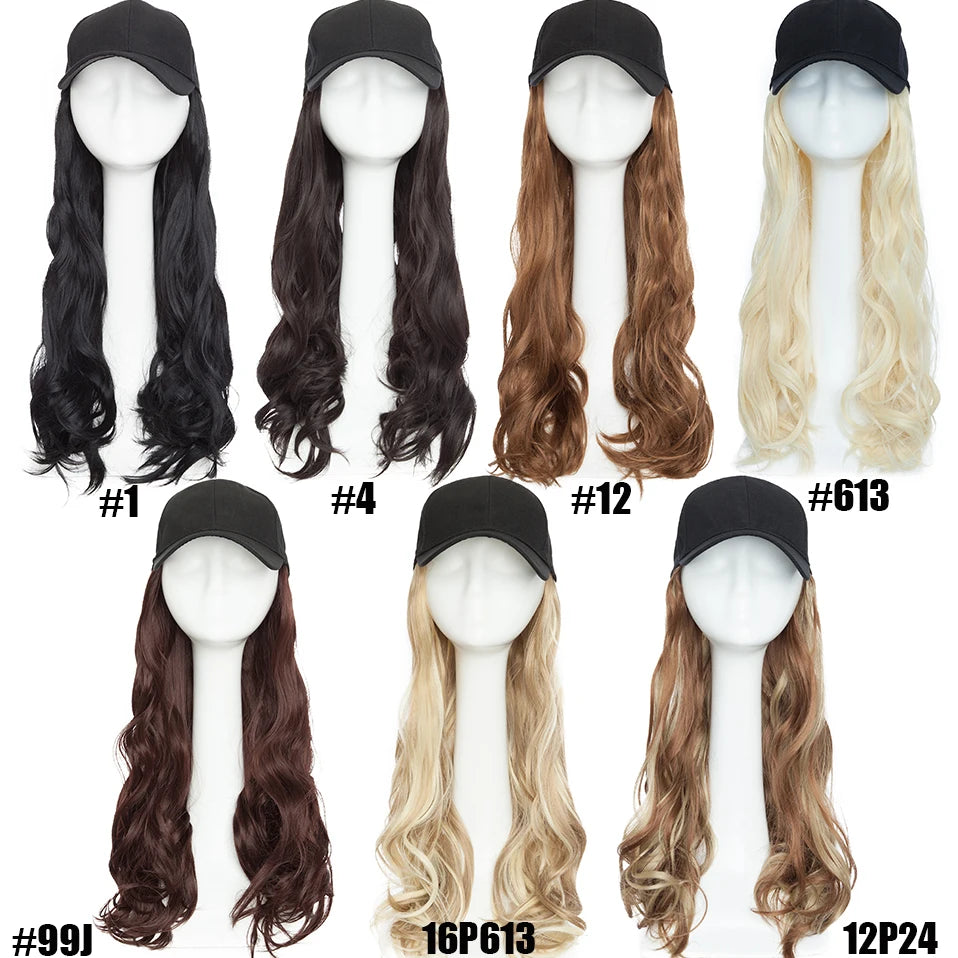 BENEHAIR Casquette de baseball synthétique avec cheveux longs ondulés Perruque chapeau faux cheveux Rallonges de cheveux Chapeau avec cheveux Perruque naturelle pour femmes