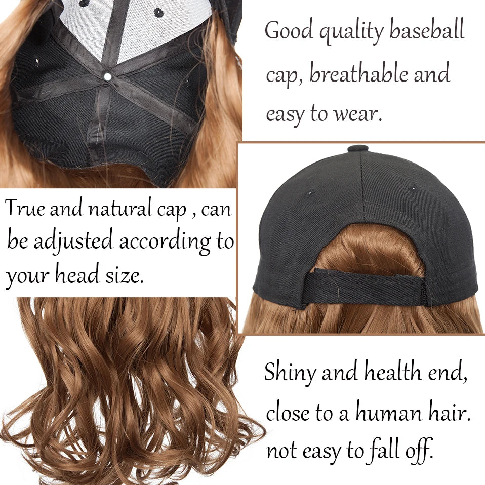 BENEHAIR Casquette de baseball synthétique avec cheveux longs ondulés Perruque chapeau faux cheveux Rallonges de cheveux Chapeau avec cheveux Perruque naturelle pour femmes