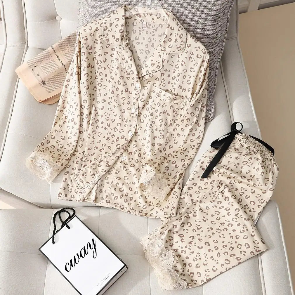 Conjunto de pijama de satén sedoso para mujer, manga larga, ropa de dormir casual, loungewear, rayón, 2 piezas para el hogar