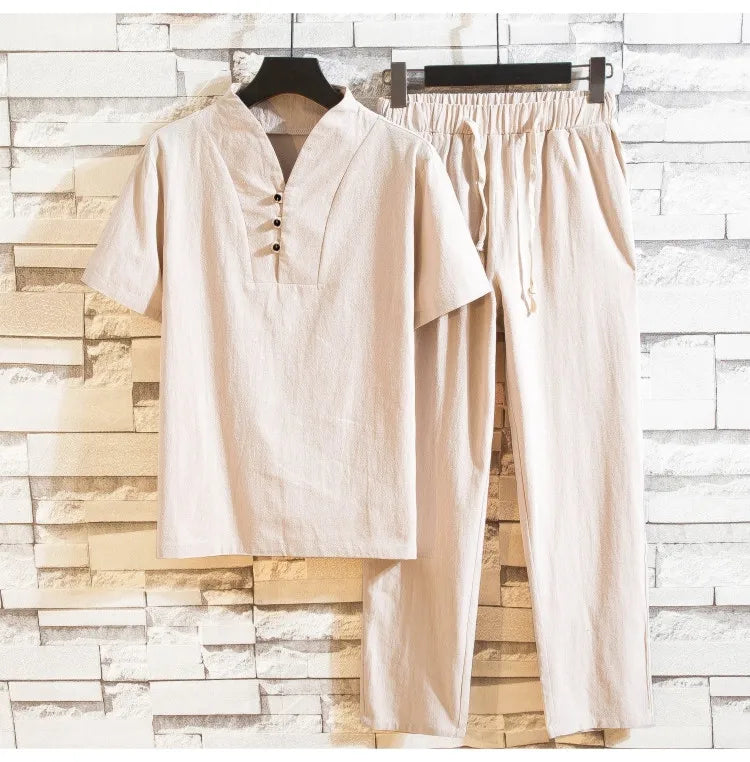 (Camisa + pantalón) camisa de verano para hombre, camisas de algodón y lino para hombre, camisas casuales de manga corta para hombre, un conjunto de ropa M-5XL