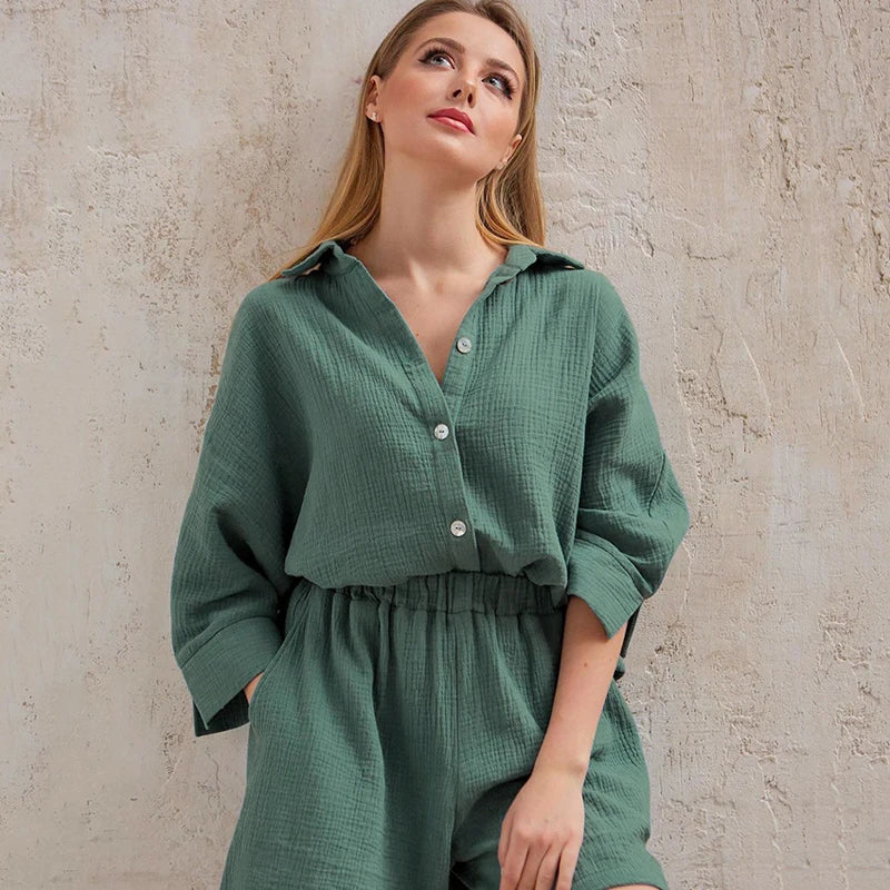 Cotton Pajamas For Women Sets Suit Casual Sleepwear Turn-Down Collar Nine Quarter Sleeve Sleep Tops Shorts Female Homewear 2023