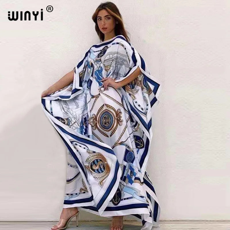 Printed Dresses For Women 2021 Fashion Design Loose Dress Batwing Maxi Long Femme Vestidos Summer Autumn Party Elegant Dress