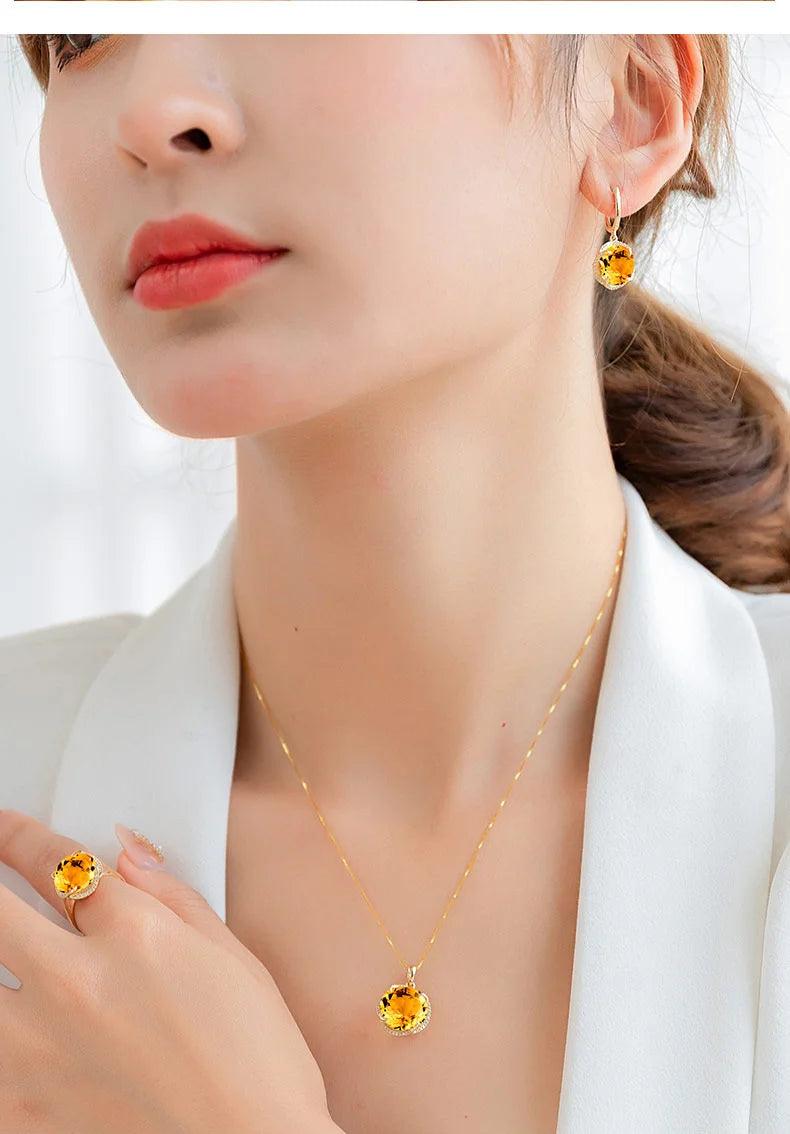 JoiasHome Conjuntos de joyas con dijes para mujer, moda, anillo de cristal amarillo, pendientes, collar, fiesta femenina, joyería de plata 925 al por mayor