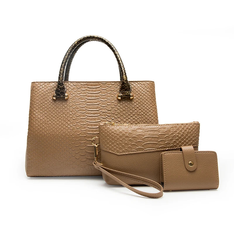 2022 Designer High Quality Soft PU Leather Women Handbag Set 3pcs Ladies Serpentine Vintage Tote Bag