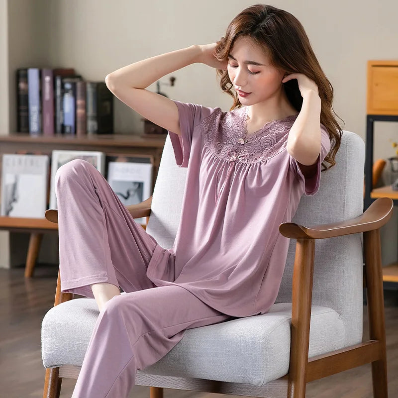 Conjuntos de Pijama para Mujer de Algodón Modal Pijamas Mujer Ropa de Dormir Dama Manga Corta Verano Ropa de Noche de Encaje para Mujer Conjuntos de 2 Piezas Ropa de Hogar XXXL