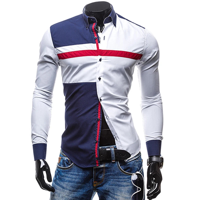 Men Long Sleeve Shirt Spring Striped Shirts Slim Fit Male Casual Social Patchwork Shirt Turn-down Collar Camisa Masculina