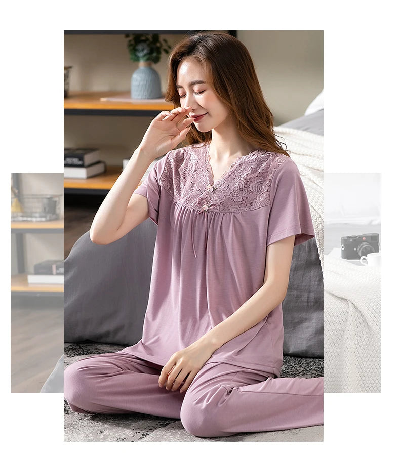 Conjuntos de Pijama para Mujer de Algodón Modal Pijamas Mujer Ropa de Dormir Dama Manga Corta Verano Ropa de Noche de Encaje para Mujer Conjuntos de 2 Piezas Ropa de Hogar XXXL