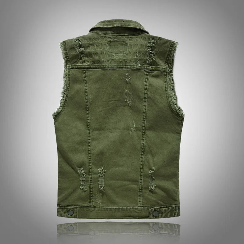 New vests Slim Fit Cowboy Male Jacket Vest Ripped Denim Vest Men's Jacket Sleeveless Casual Waistcoat Mens Jean Coat Green