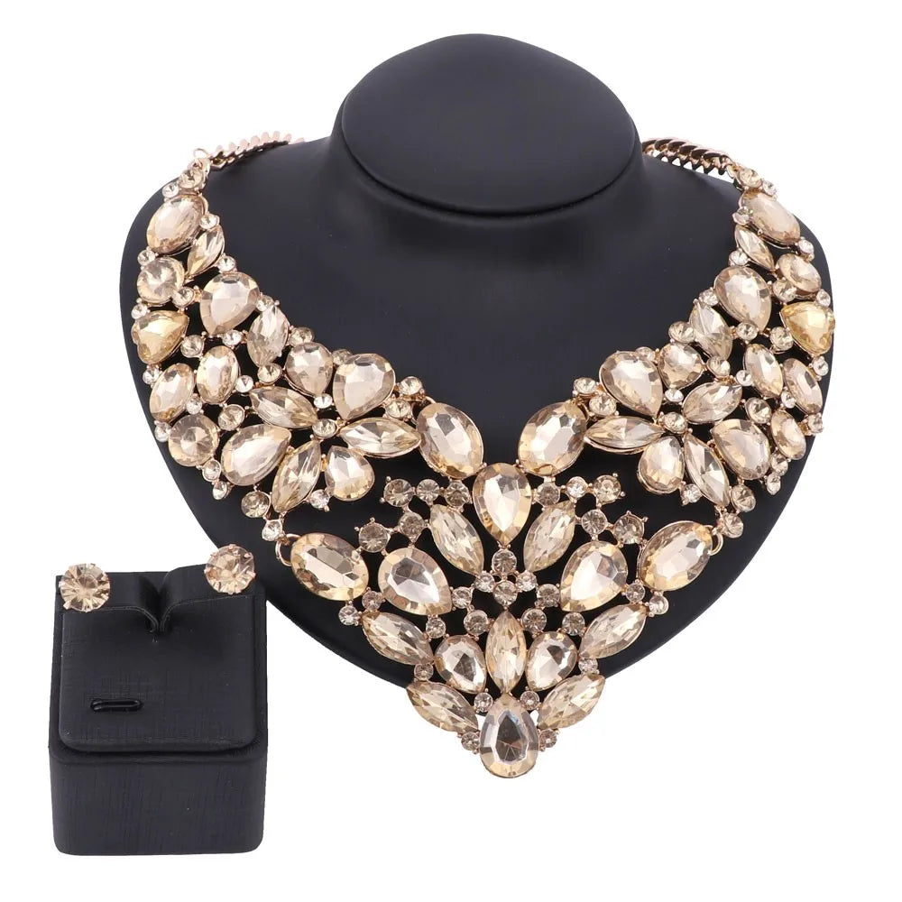 Collar llamativo y pendientes de diamantes de imitación transparentes para mujer, conjuntos de joyas de boda nupciales indias