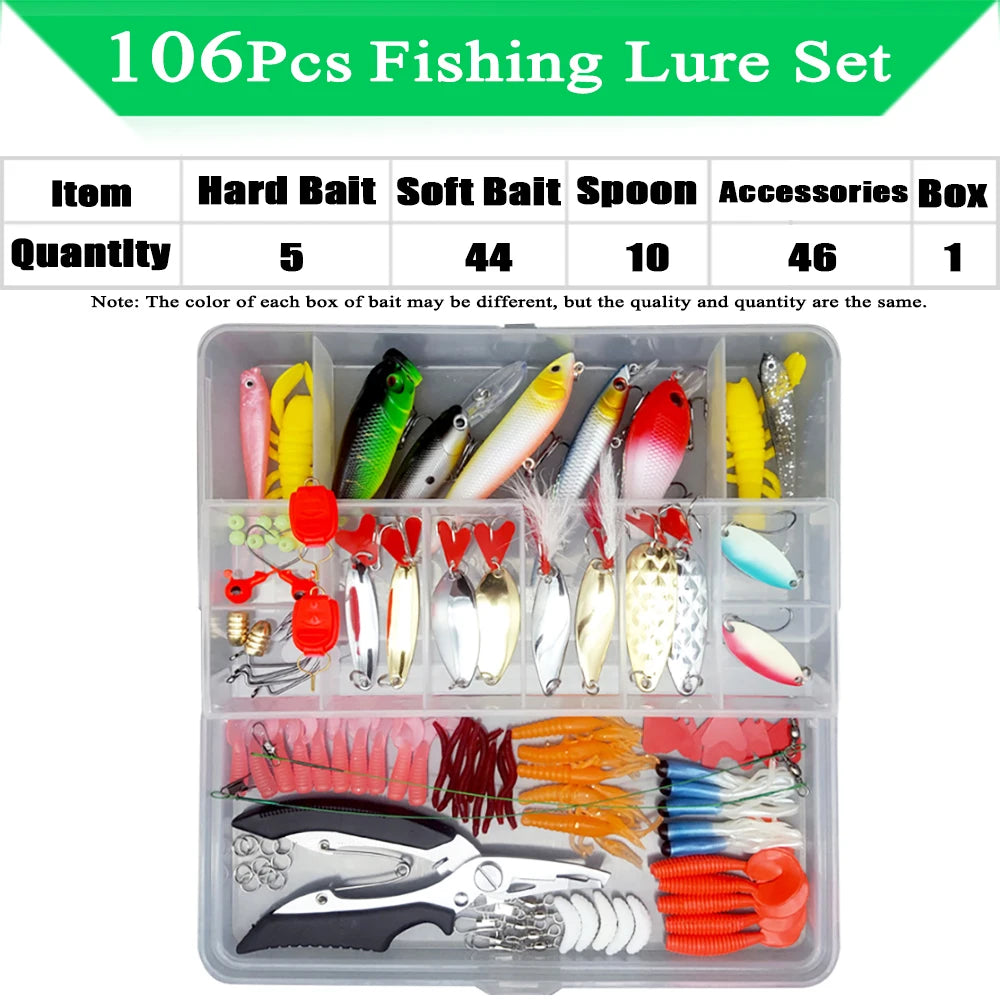 Kit de señuelos de pesca, juego de cebos blandos y duros, capa de engranajes Minnow, plantilla de metal, cuchara para bajo, lucio, accesorios de aparejos de manivela con caja