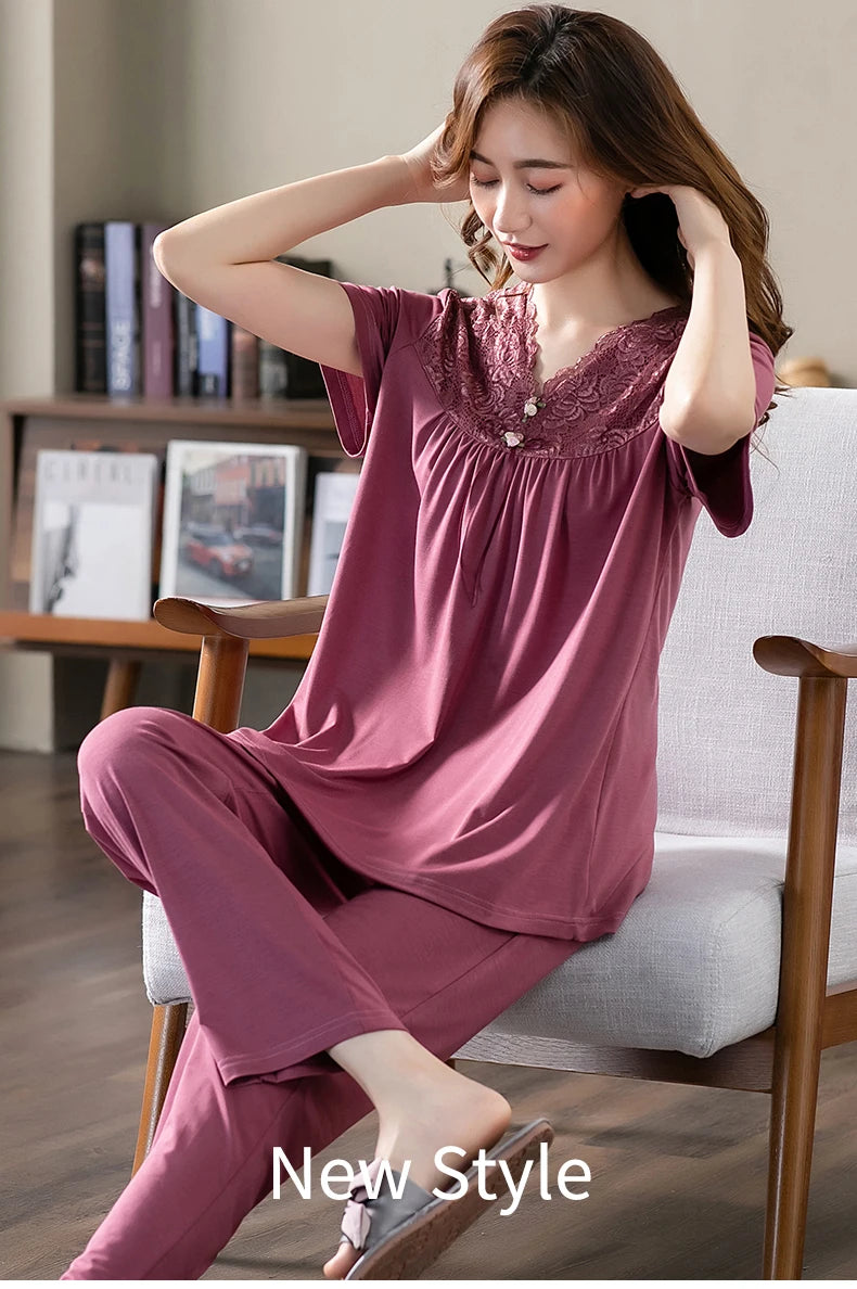 Conjuntos de Pijama para Mujer de Algodón Modal Pijamas Mujer Ropa de Dormir Dama Manga Corta Verano Ropa de Noche de Encaje para Mujer Conjuntos de 2 Piezas Ropa de Hogar XXXL