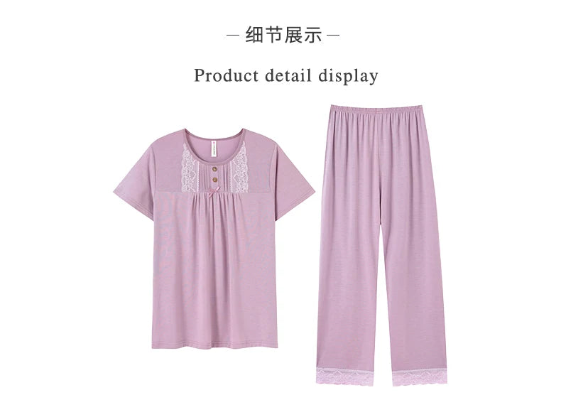 Conjuntos de Pijama para Mujer de Algodón Modal Pijamas Mujer Ropa de Dormir Dama Manga Corta Verano Ropa de Noche de Encaje para Mujer Conjuntos de 2 Piezas Ropa de Hogar XXXL