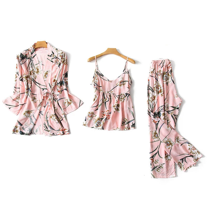 Ensemble pyjama sexy 3 pièces pour femme, imprimé floral, tenue de nuit pour la maison, printemps-été