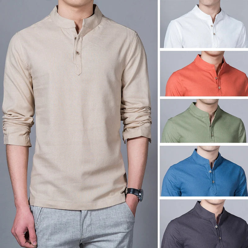 Ropa de hombre Tops y camisetas de primavera para hombre Camisetas de moda masculina Cuello alto Manga larga Camiseta base ajustada Camiseta de lino para hombre